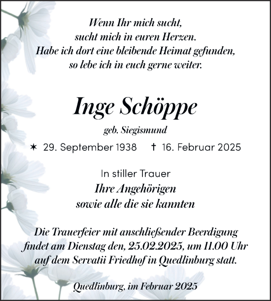 Traueranzeige von Inge Schöppe von Mitteldeutsche Zeitung Quedlingburg
