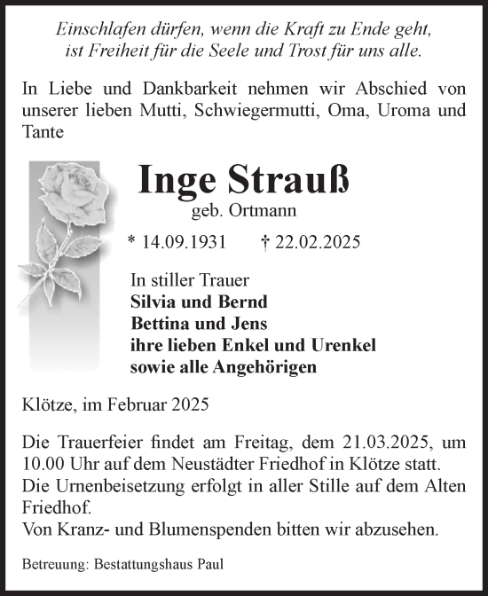 Traueranzeige von Inge Strauß von Volksstimme Altmark West