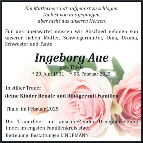 Traueranzeige von Ingeborg Aue von Volksstimme Wernigerode