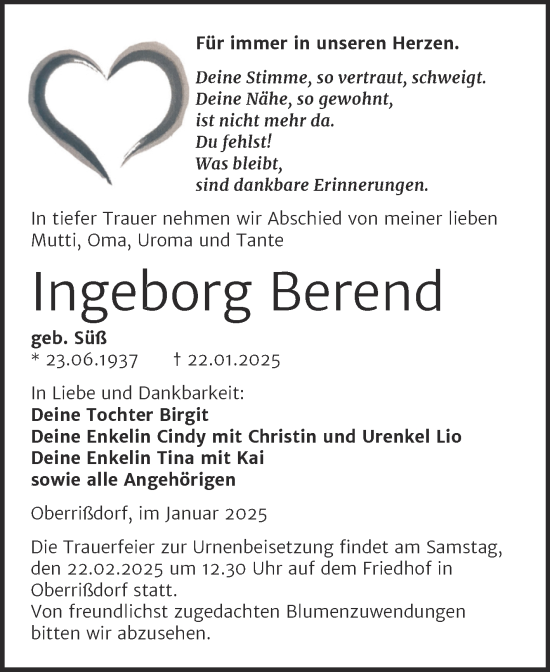 Traueranzeige von Ingeborg Berend von Trauerkombi Mansfelder Land