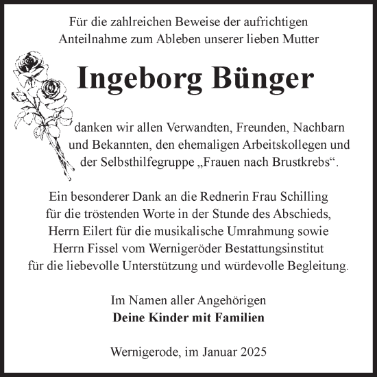 Traueranzeige von Ingeborg Bünger von Volksstimme Wernigerode