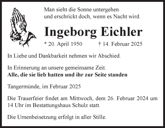 Traueranzeige von Ingeborg Eichler von Volksstimme Altmark Ost