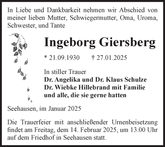 Traueranzeige von Ingeborg Giersberg von Volksstimme Altmark Ost