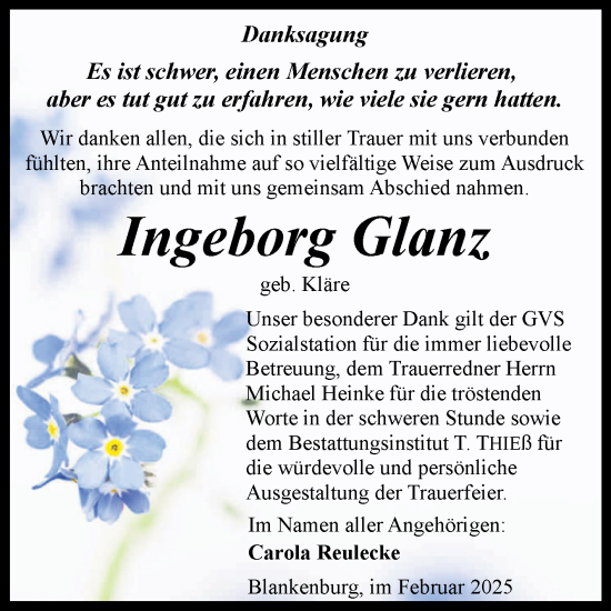 Traueranzeige von Ingeborg Glanz von Volksstimme Wernigerode