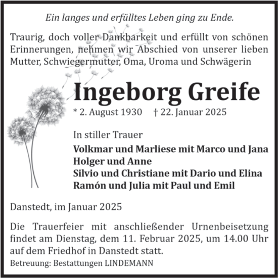 Traueranzeige von Ingeborg Greife von Volksstimme Halberstadt