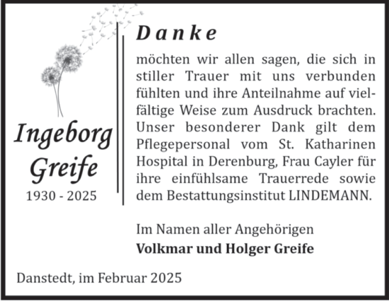Traueranzeige von Ingeborg Greife von Volksstimme Halberstadt