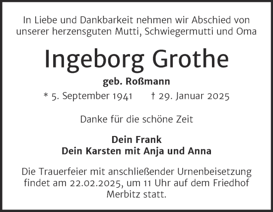 Traueranzeige von Ingeborg Grothe von Mitteldeutsche Zeitung Halle/Saalkreis