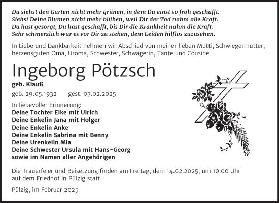 Traueranzeige von Ingeborg Pötzsch von Trauerkombi Wittenberg