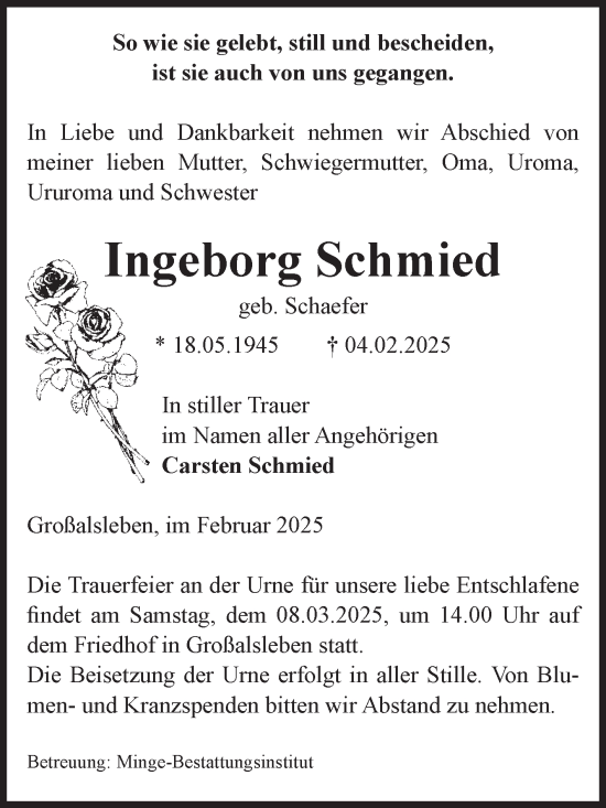 Traueranzeige von Ingeborg Schmied von Volksstimme Oschersleben/Wanzleben