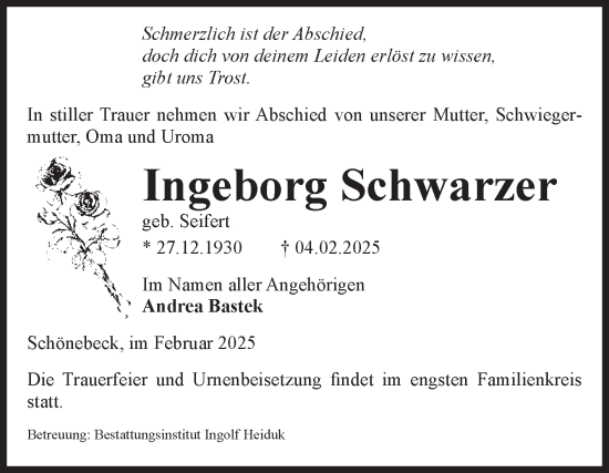 Traueranzeige von Ingeborg Schwarzer von Volksstimme Schönebeck