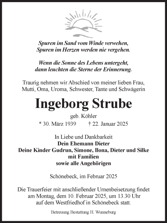 Traueranzeige von Ingeborg Strube von Volksstimme Schönebeck