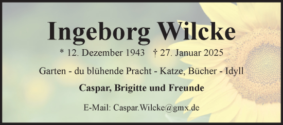 Traueranzeige von Ingeborg Wilcke von Mitteldeutsche Zeitung Halle/Saalkreis
