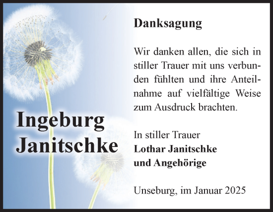 Traueranzeige von Ingeburg Janitschke von Volksstimme Staßfurt