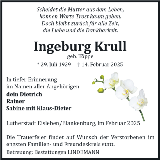 Traueranzeige von Ingeburg Krull von Volksstimme Wernigerode