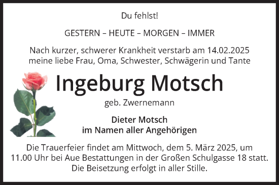 Traueranzeige von Ingeburg Motsch von Volksstimme Magdeburg