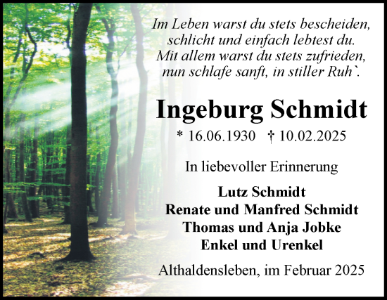 Traueranzeige von Ingeburg Schmidt von Volksstimme Haldensleben/Wolmirstedt