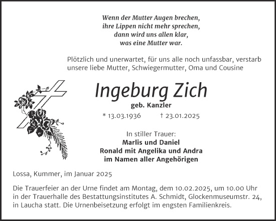 Traueranzeige von Ingeburg Zich von Super Sonntag Naumburg/Nebra
