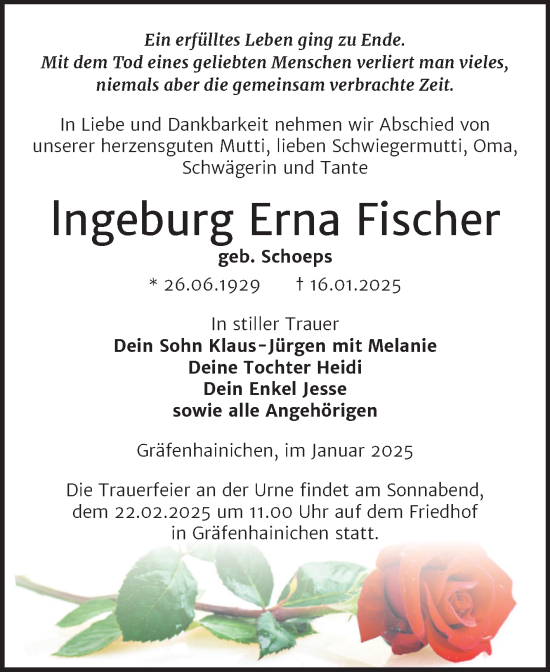 Traueranzeige von Ingeburg Erna Fischer von Trauerkombi Wittenberg