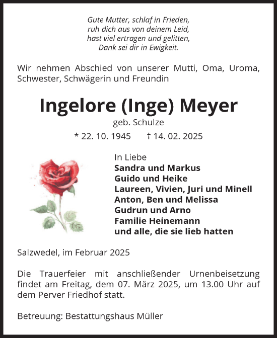 Traueranzeige von Ingelore (Inge) Meyer von Volksstimme Altmark West