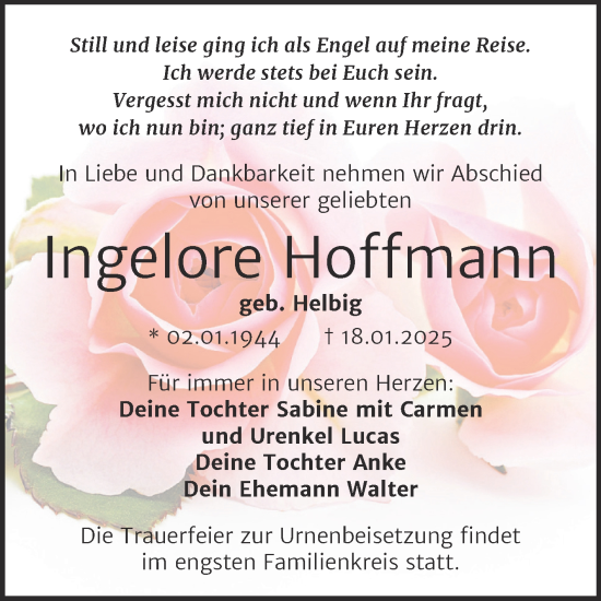 Traueranzeige von Ingelore Hoffmann von Trauerkombi Merseburg