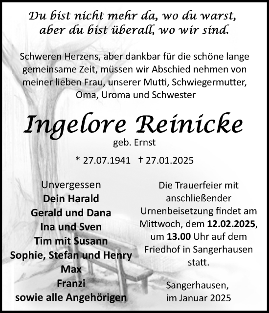 Traueranzeige von Ingelore Reinicke von Trauerkombi Sangerhausen