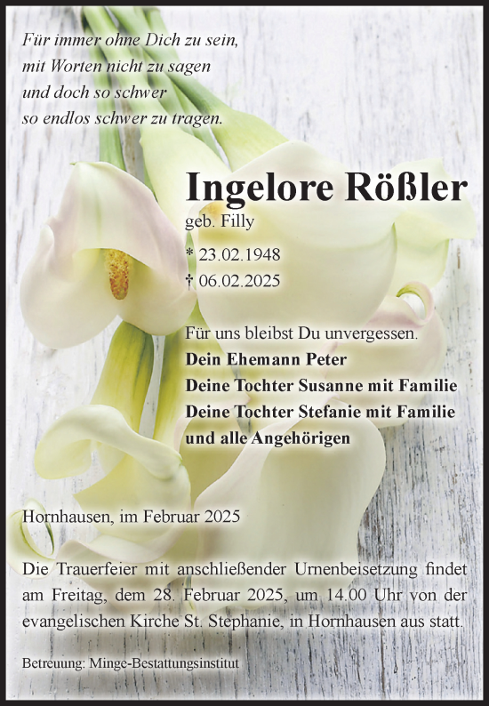 Traueranzeige von Ingelore Rößler von Volksstimme Oschersleben/Wanzleben