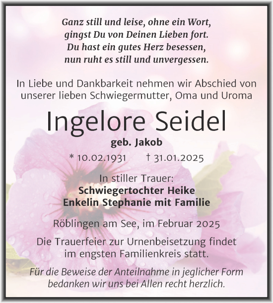 Traueranzeige von Ingelore Seidel von Trauerkombi Mansfelder Land