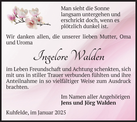 Traueranzeige von Ingelore Walden von Volksstimme Altmark West