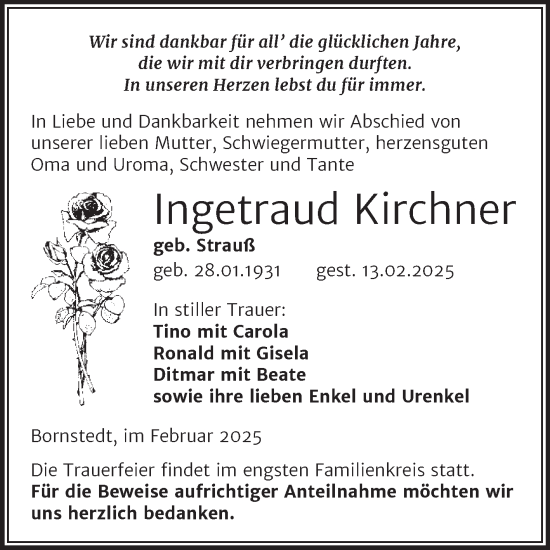 Traueranzeige von Ingetraud Kirchner von Trauerkombi Mansfelder Land