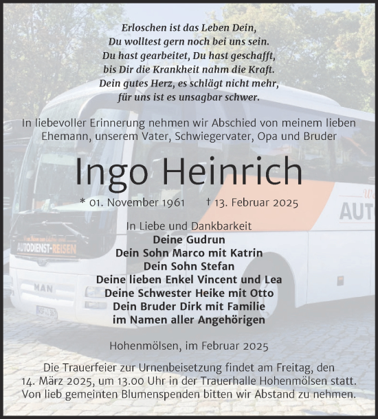 Traueranzeige von Ingo Heinrich von Trauerkombi Weißenfels