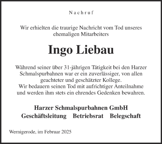 Traueranzeige von Ingo Liebau von Volksstimme Wernigerode