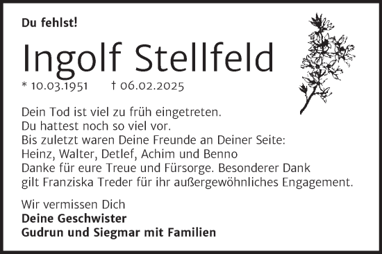 Traueranzeige von Ingolf Stellfeld von Trauerkombi Bernburg