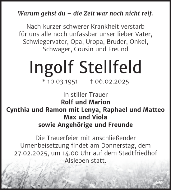 Traueranzeige von Ingolf Stellfeld von Trauerkombi Bernburg