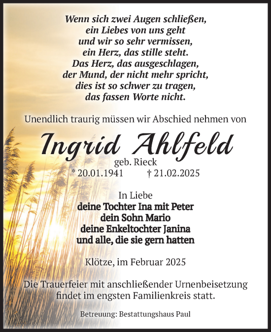 Traueranzeige von Ingrid Ahlfeld von Volksstimme Altmark West