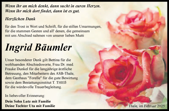 Traueranzeige von Ingrid Bäumler von Trauerkombi Quedlinburg
