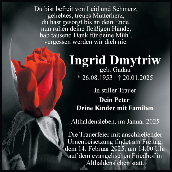 Traueranzeige von Ingrid Dmytriw von Volksstimme Haldensleben/Wolmirstedt