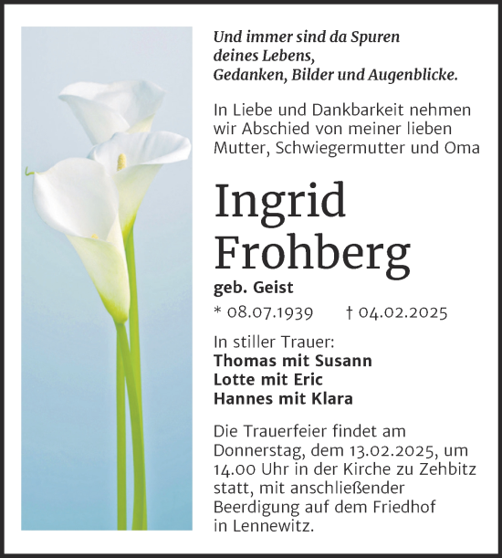 Traueranzeige von Ingrid Frohberg von Mitteldeutsche Zeitung Köthen
