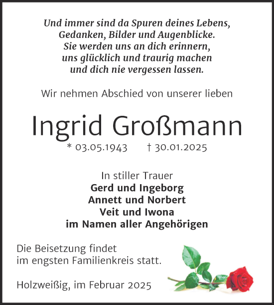 Traueranzeige von Ingrid Großmann von Trauerkombi Bitterfeld