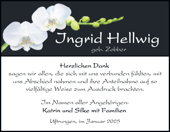 Traueranzeige von Ingrid Hellwig von Trauerkombi Sangerhausen