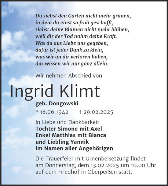 Traueranzeige von Ingrid Klimt von Trauerkombi Bernburg