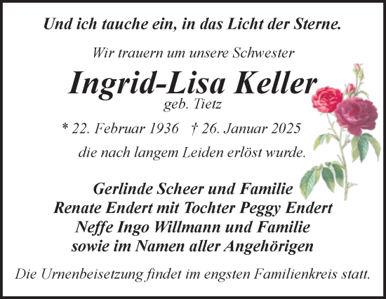 Traueranzeige von Ingrid-Lisa Keller von Volksstimme Magdeburg