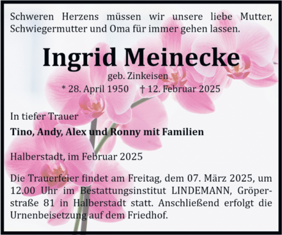 Traueranzeige von Ingrid Meinecke von Volksstimme Halberstadt