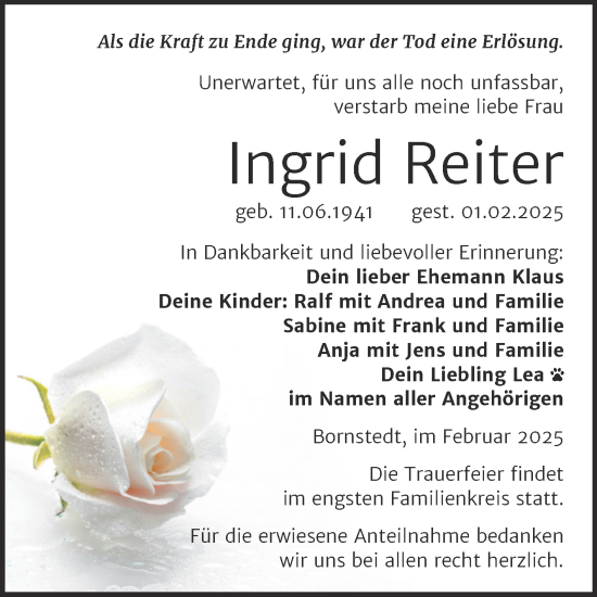 Traueranzeige von Ingrid Reiter von Trauerkombi Mansfelder Land