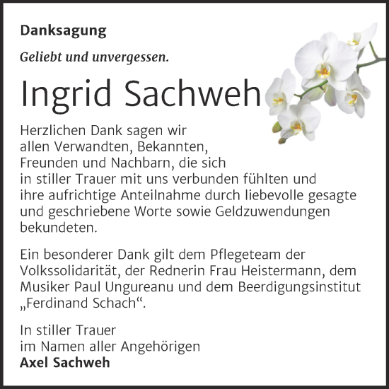 Traueranzeige von Ingrid Sachweh von Trauerkombi Wittenberg