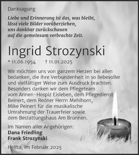 Traueranzeige von Ingrid Strozynski von Trauerkombi Mansfelder Land