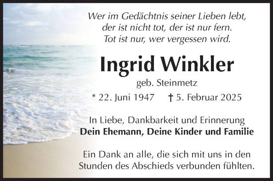 Traueranzeige von Ingrid Winkler von Volksstimme Haldensleben/Wolmirstedt