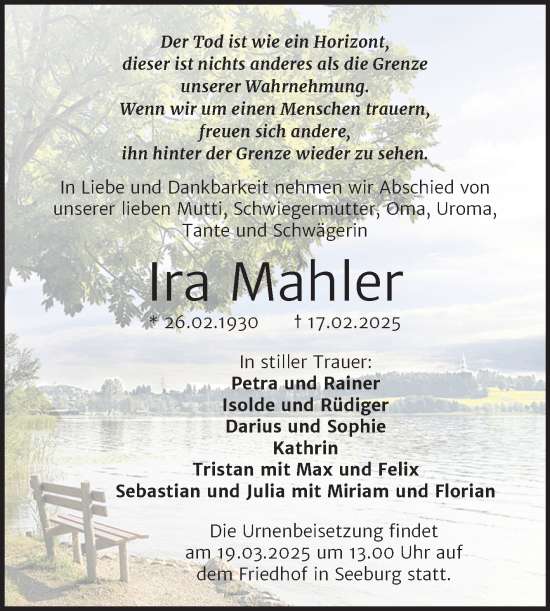 Traueranzeige von Ira Mahler von Trauerkombi Mansfelder Land