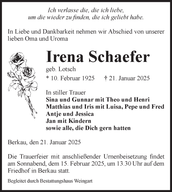 Traueranzeige von Irena Schaefer von Volksstimme Altmark Ost