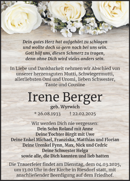 Traueranzeige von Irene Berger von Trauerkombi Köthen