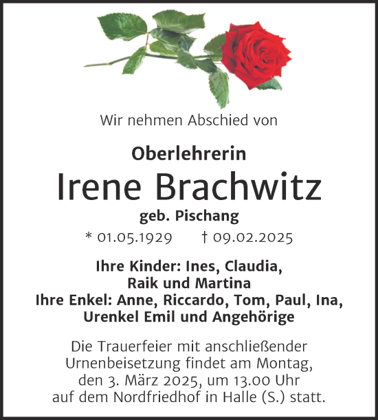 Traueranzeige von Irene Brachwitz von Mitteldeutsche Zeitung Halle/Saalkreis
